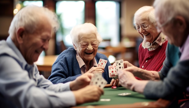 Elderly friends playing card games on poker table Group of seniors ...