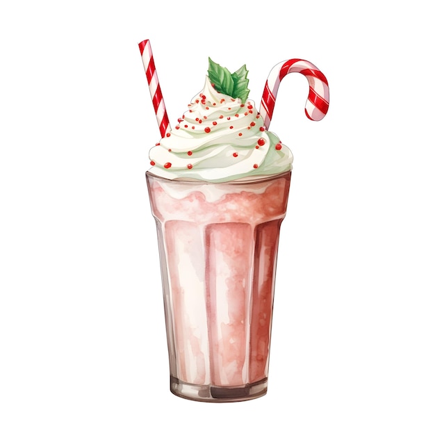 Festive Watercolor Candy Cane Milkshake with Whipped Cream and ...