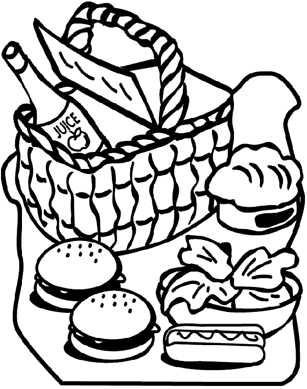 Picnic table and food coloring book pages for children and adults ...