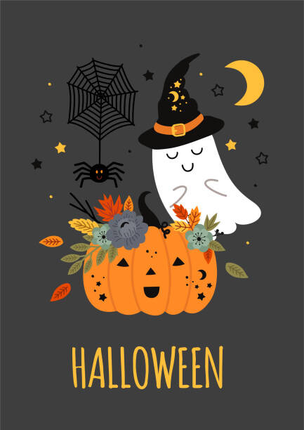 Wall Art Print | cute halloween poster with pumpkin, ghost and ...