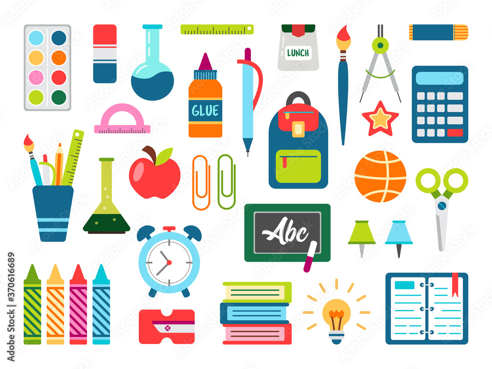 School stuff stationary supplies equipment vector set Stock ...