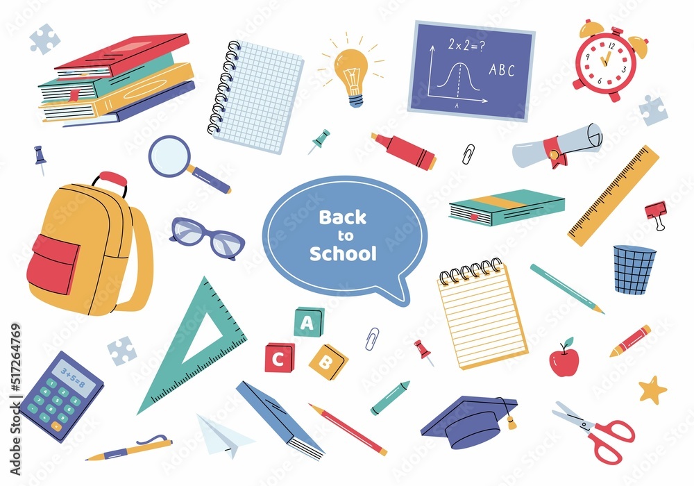 Big set of school supplies. Back to school stationary. Childrens ...