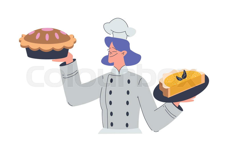 Bakery with Woman Baker Character in Uniform Hold Baked Pie ...