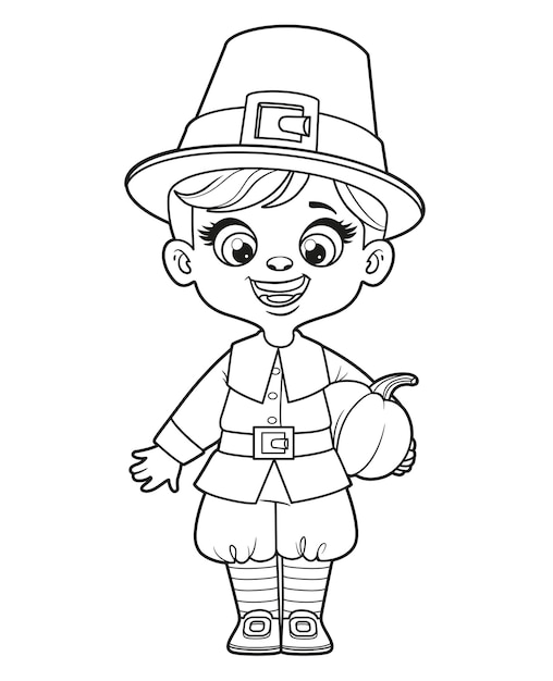 Cute cartoon pilgrim boy hold a pumpkin outlined coloring page on ...