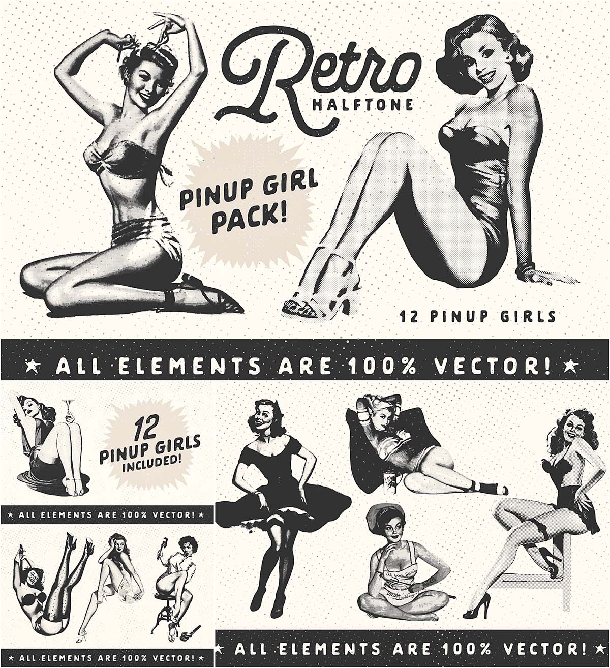 Retro halftone pinup girl set | Free download