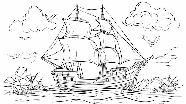 Pirate Ship Outline on the Sea Background Coloring Page | Premium ...