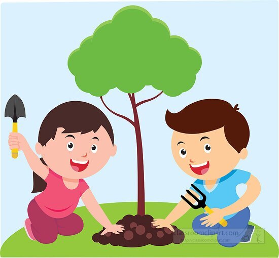 Earth Day Clipart-girl and boy planting small tree earth day clipart