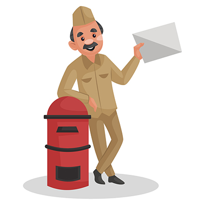 Postman is standing with a letterbox and showing the envelope