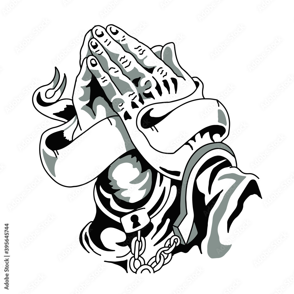 Stock-Vektorgrafik „Praying hands with handcuffs and banner- White ...