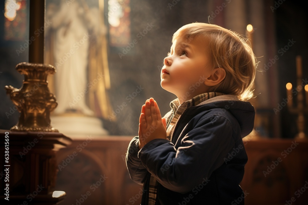 Small boy praying in the church. Stock Photo | Adobe Stock