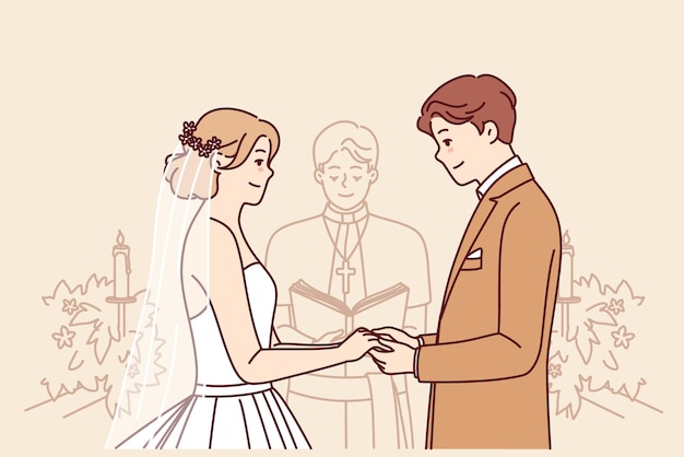 Premium Vector | Bride and groom on altar hold hands and listen to ...