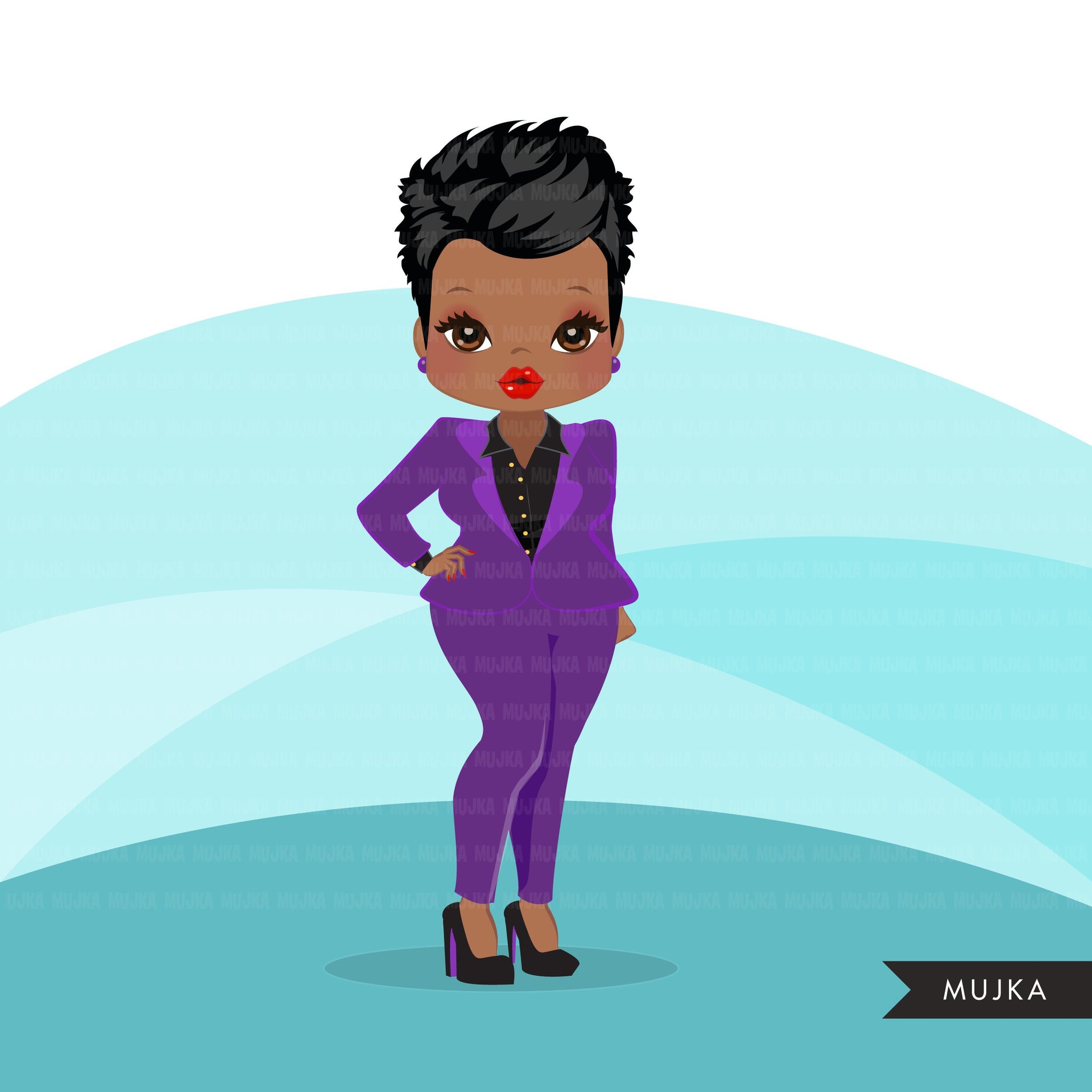 Afro woman clipart with purple business suit, briefcase and ...