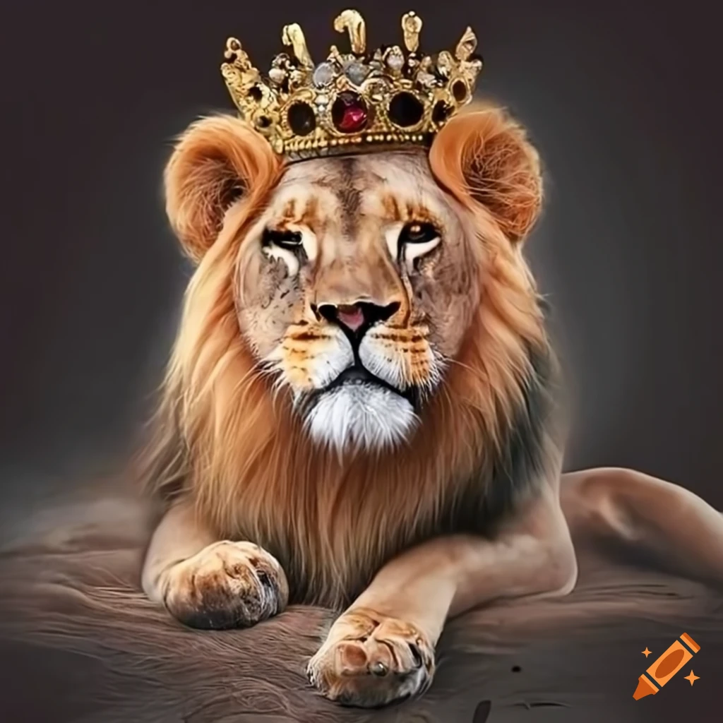 Highly detailed hyper realistic lion queen wearing crown looking ...