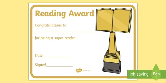 Reading Award Certificate (Lehrer gemacht) - Twinkl