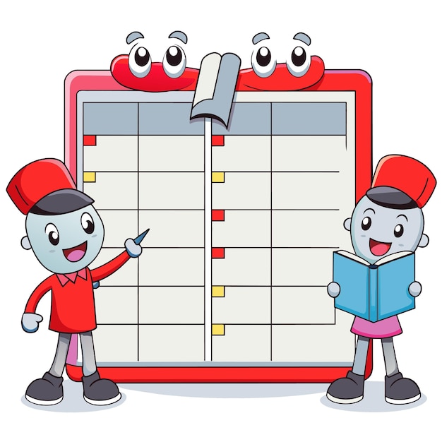 Two people are reading a calendar that has a calendar on it ...