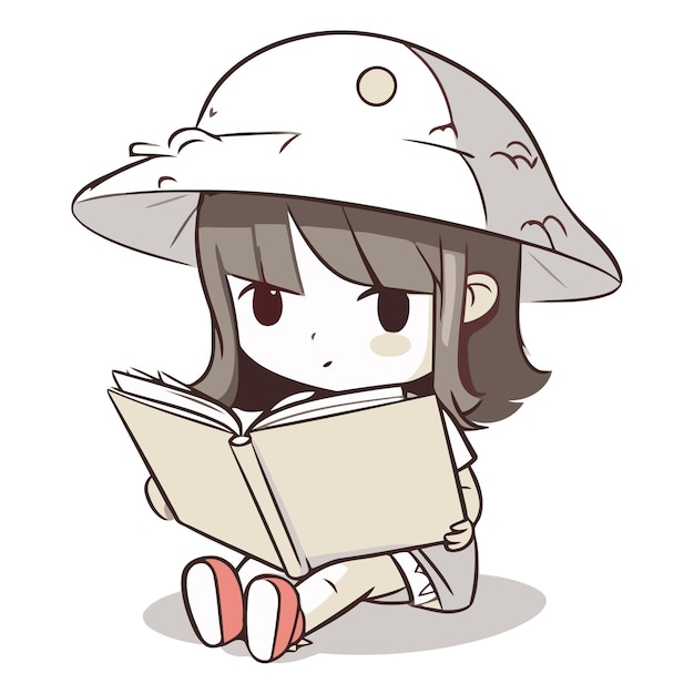 Girl reading a book and wearing a hat on white background ...