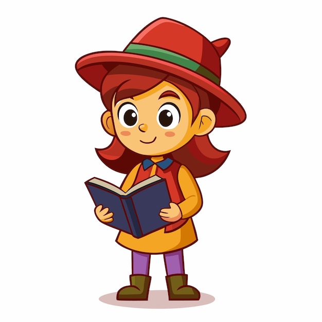 A cartoon of a girl reading a book with a hat on | Premium AI ...