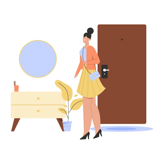 Premium Vector | Happy woman returns home from work and standing ...