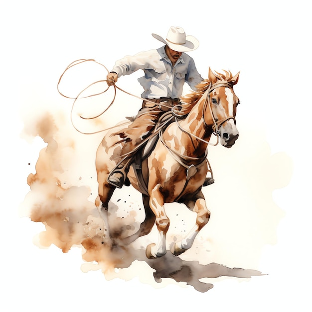 Watercolor Rodeo calf roping western wild west cowboy desert ...