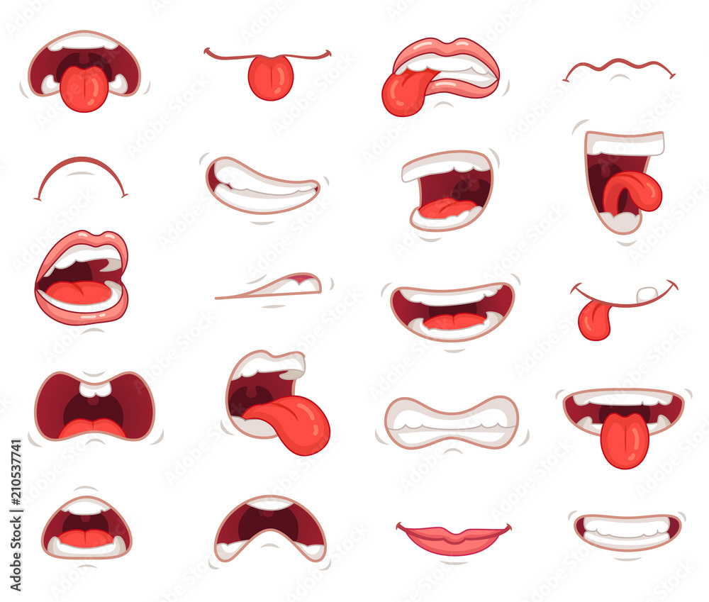 Funny mouths. Facial expressions, cartoon lips and tongues. Hand ...