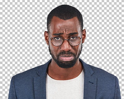 Sad, business man and black worker portrait of depressed face with ...