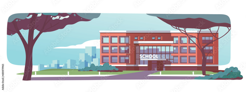 School building front view with green lawn. Cartoon modern school ...