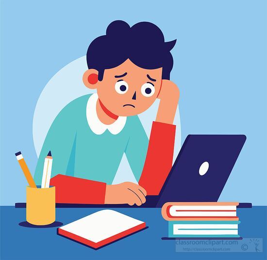 Laptop Computer Clipart-stressed out boy trying to do his school work