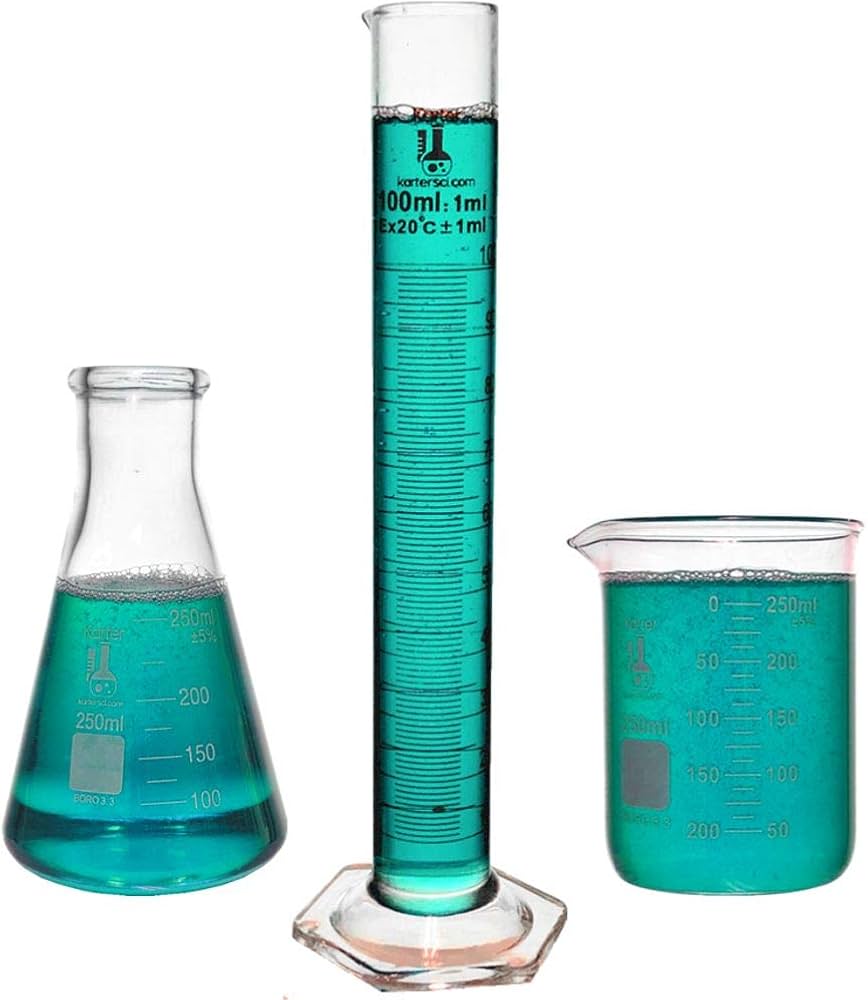 Beaker, Flask, Cylinder Set, 3.3 Boro. Glass - 3 Pieces - 250ml Beaker,  250ml Flask and 100ml Cylinder, Karter Scientific 214Z2