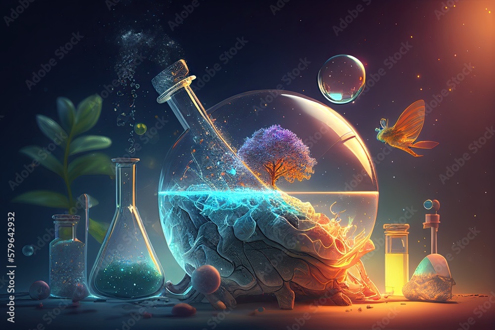 Science background illustration, scientific design. Flasks, glass ...