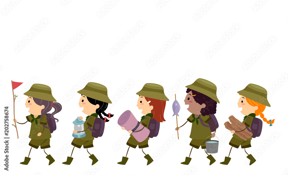 Stickman Kids Girl Scouts Walk Illustration Stock-Vektorgrafik ...