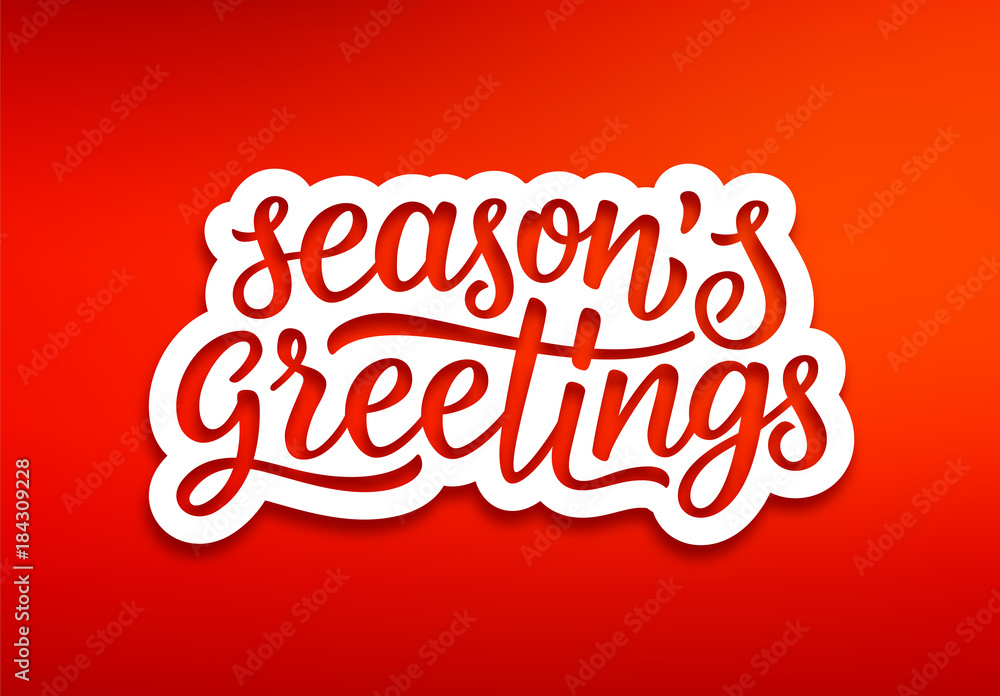Poster, Wandbilder Seasons greetings text on white paper label with carving  over red background, 40x26.7 cm