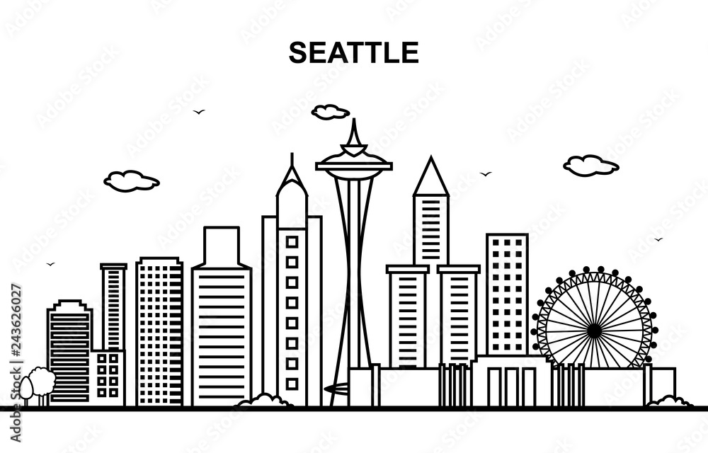 Seattle City Tour Cityscape Skyline Line Outline Illustration ...