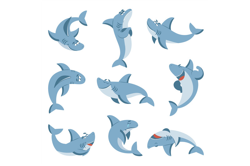 Cartoon shark. Graphic sharks, cute fish for boys kids. Summer sea ...