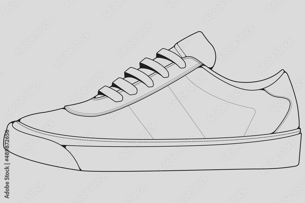 Poster, Wandbilder Shoes sneaker outline drawing vector, Sneakers drawn in  a sketch style, black line sneaker trainers template outline, vector ...