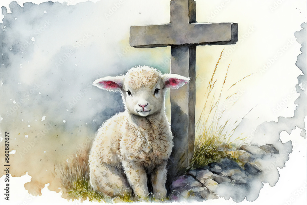 Baby lamb with a cross sitting watercolor, Generative AI, gridspot ...