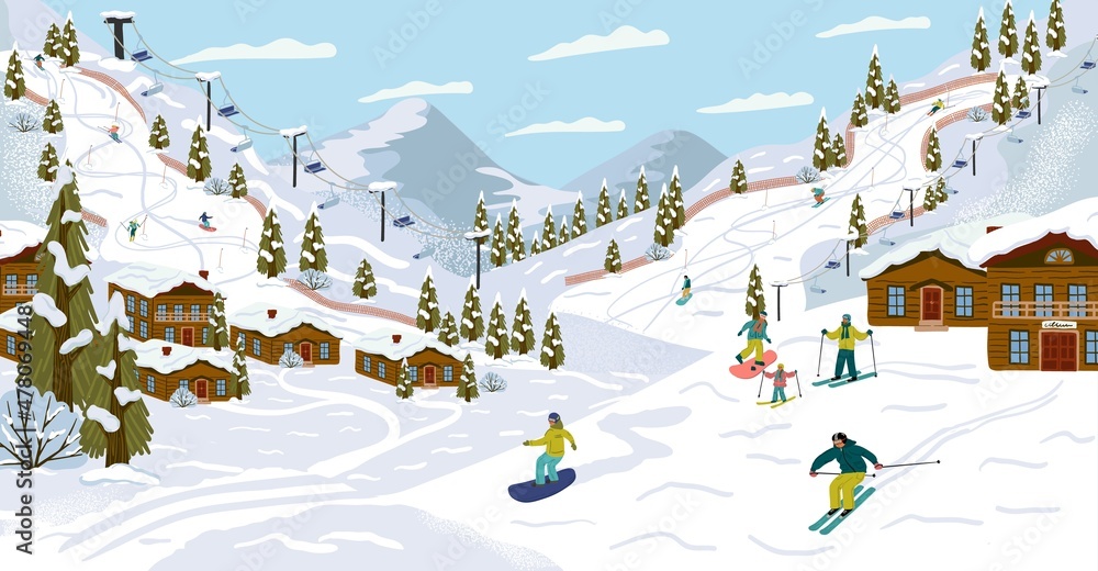 Ski resort with skiers, cable cars, ski lifts, vector illustration ...