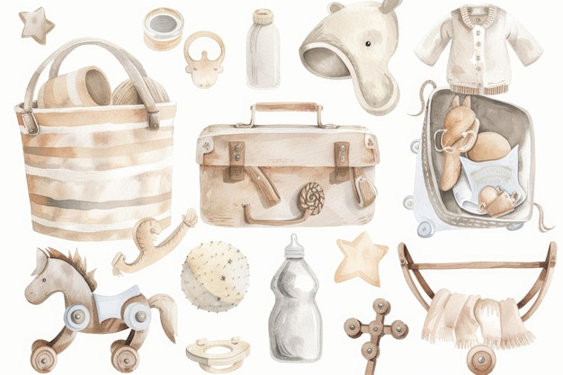 Watercolor baby accessories clipart pastel beige colors on a white ...
