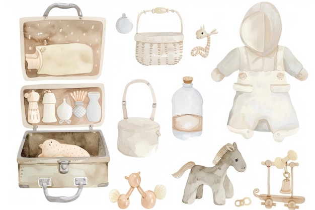 Watercolor baby accessories clipart pastel beige colors on a white ...