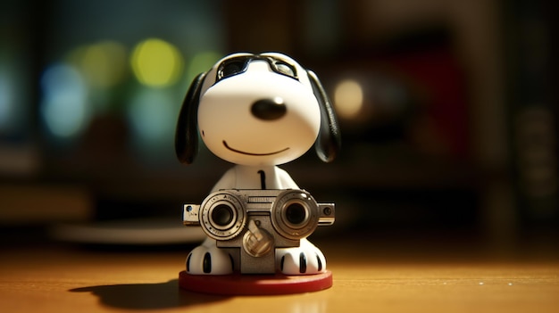 A snoopy with a camera on its head sits on a table. | Premium AI ...