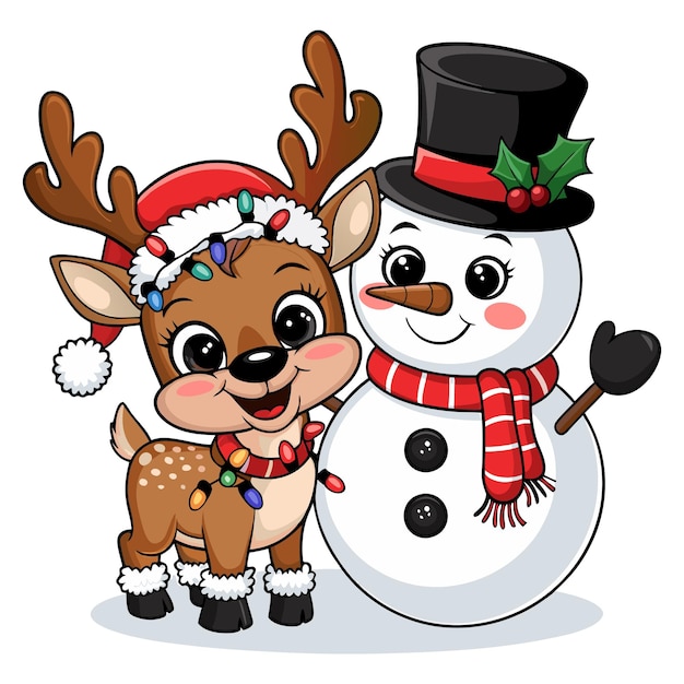 A reindeer and snowman are posing for a picture | Premium AI ...