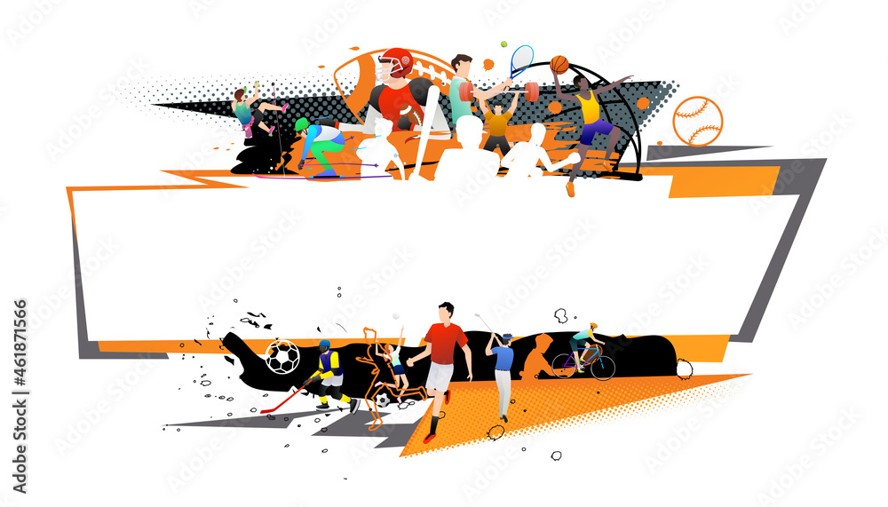 Poster, Wandbilder Vector illustration of sports abstract background design  with sport players in different activities, 40x22.2 cm