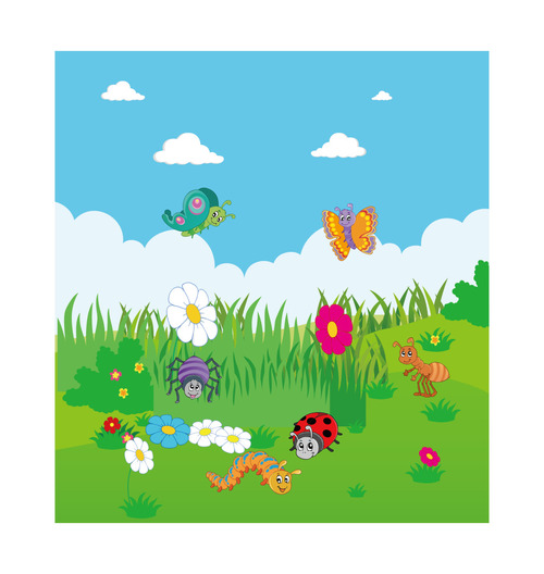 Cartoon spring various insects flowers vector free download