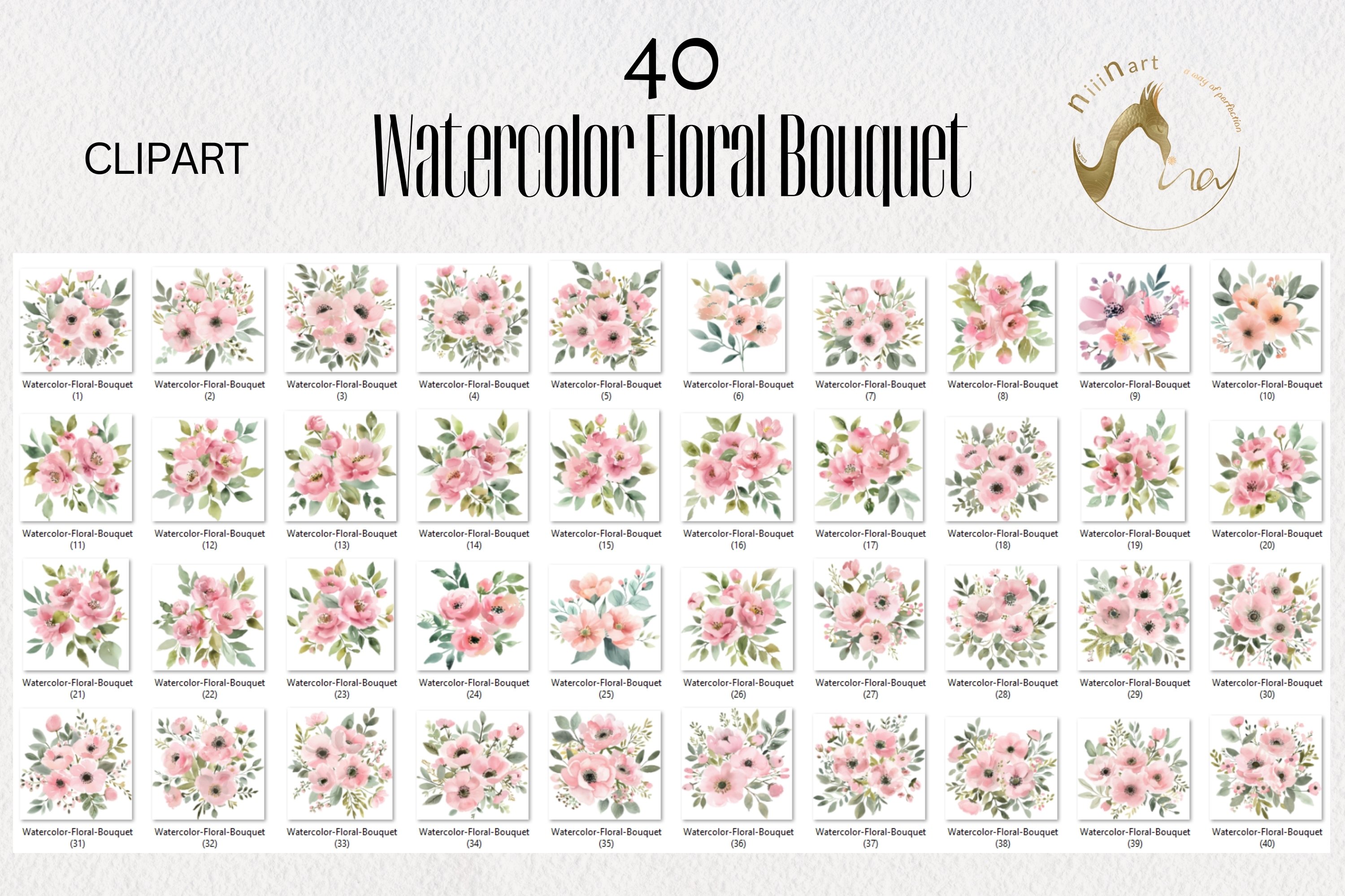 Watercolor Pink Pastel Spring Floral Bouquet Bundle