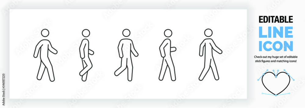 Editable line icon set of a stick man or stick figure walking in ...