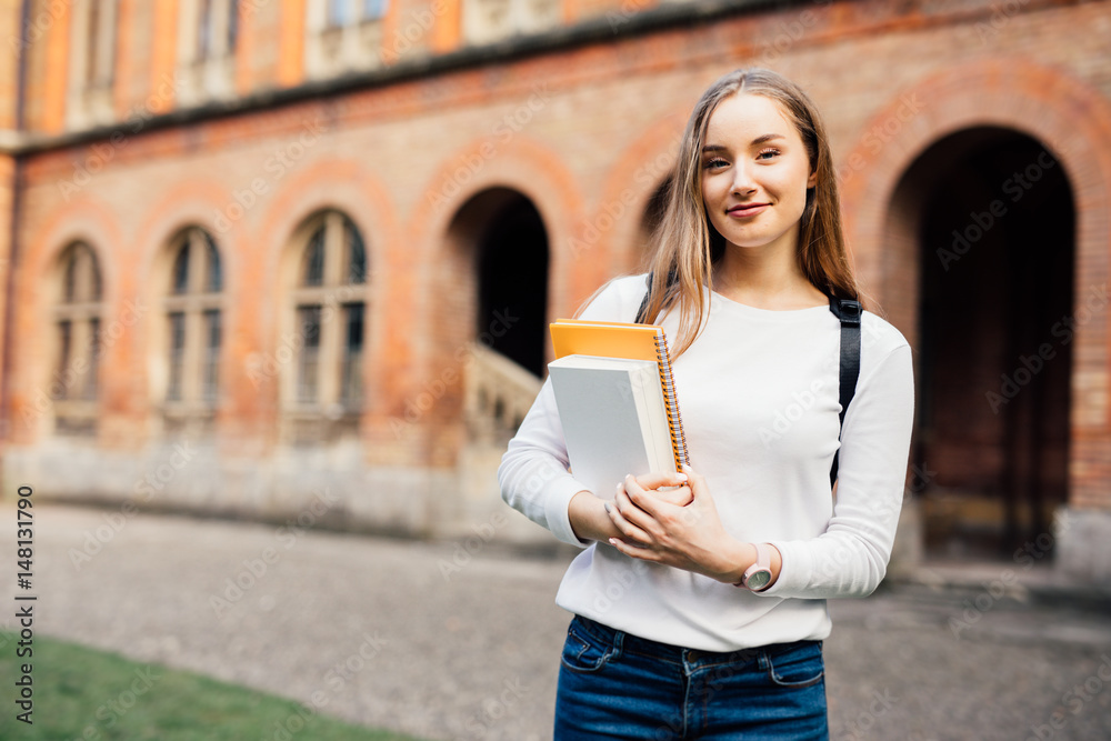 Female college student. Happy girl in european university for ...