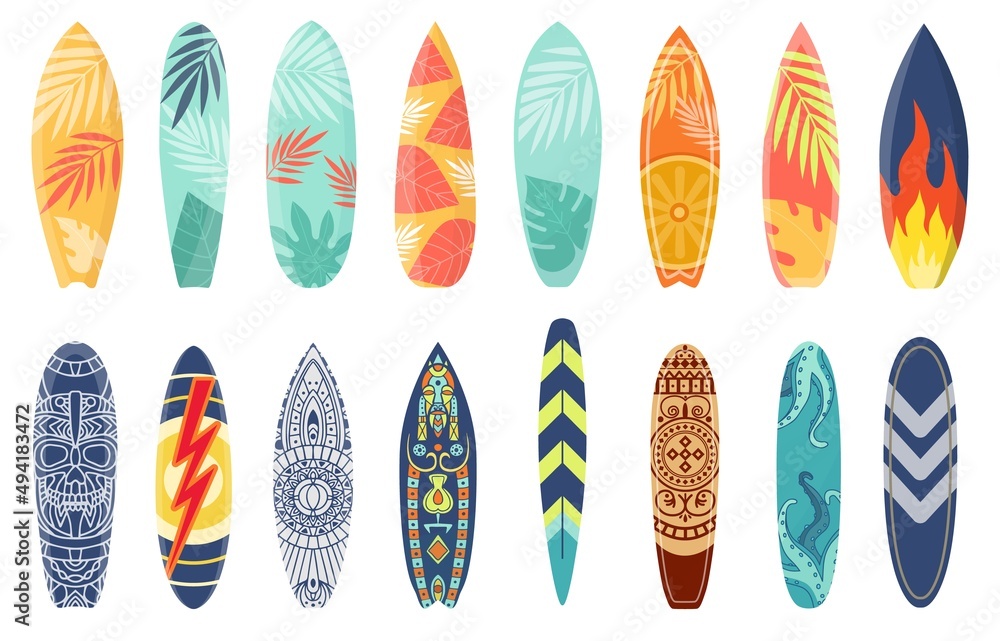 Poster, Wandbilder Cartoon surfing board with summer design and ethnic  pattern, 40x26.7 cm