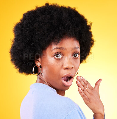 Portrait, hand and face of surprised black woman in studio ...