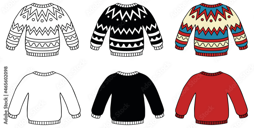 Christmas Sweater Clipart Set - Outline, Silhouette and Color ...