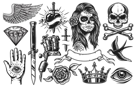 Set of vintage black and white tattoo elements isolated on white ...