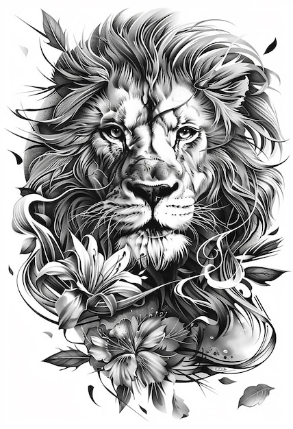 Lion tattoo black and white in the style of realistic portrait ...